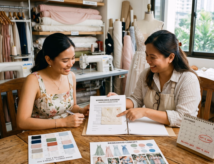 Filipina bride reviewing a written contract with a dressmaker across a wooden table inside a bright dressmaking studio with fabric swatches, a bridesmaid dress mood board, and a calendar with a circled delivery date between them and bolts of chiffon and jusi fabric visible on shelves behind them