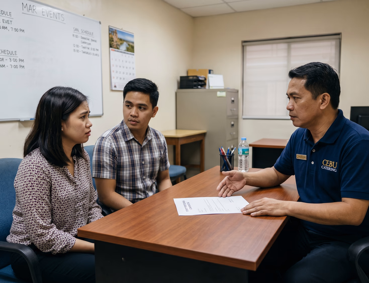 Filipino couple exchanging a concerned glance across a desk from a Filipino caterer holding a single sheet of paper with minimal details in a plain office interior with a whiteboard background