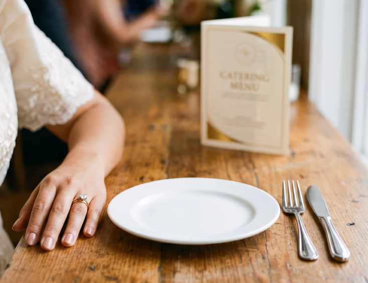 Close-up of an empty white tasting plate with fork and knife beside a Filipino bride's hand showing her engagement ring, with a blurred unopened catering brochure in the soft background