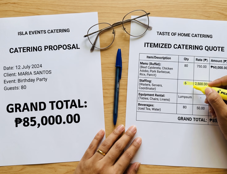 Top-down view of two catering quotes side by side, a single bold total on the left and a detailed itemized list with peso amounts on the right, with a Filipino woman's hand highlighting the itemized quote