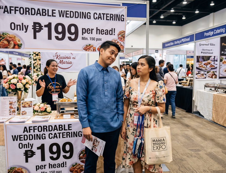 Filipino couple with skeptical expressions at a wedding fair catering booth displaying a very low per head price banner, with other catering booths visible in the background of a bright exhibition hall