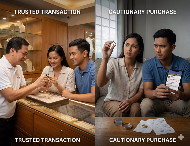 A split editorial photograph contrasting two ring-buying experiences for a Filipino couple in their late 20s. On the left, the couple sits confidently at a jewelry counter in a well-lit shop as a jeweler shows them a hallmark stamp on a ring through a loupe — the scene is warm and trustworthy. On the right, the same couple sits at home on a sofa looking concerned: the woman holds a discolored gold-colored ring up to the light while the man examines a jewelry seller's Facebook page on his phone with a troubled expression. A receipt, a magnifying glass, and the suspicious ring sit on the coffee table between them. The left half is warm-toned; the right half is cooler and more shadowed.