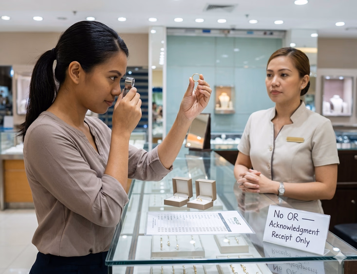 A young Filipina woman in her late 20s stands at a glass jewelry counter inside a Philippine mall shop, holding a plain gold ring up between two fingers at eye level while pressing a jeweler's loupe to her eye to examine the interior hallmark stamp. Her expression is focused and deliberately careful. Behind the counter, a female sales associate stands with hands clasped, expression professionally neutral. On the counter between them are two open ring boxes and a printed price list. A hand-lettered sign on the counter reads 'No OR — Acknowledgment Receipt Only,' highlighting a key red flag in jewelry purchasing.