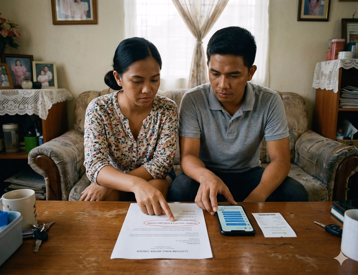 A Filipino couple in their late 20s sit side by side on a sofa in a modest home living room in the late afternoon, leaning over a coffee table with concerned but composed expressions. On the table, a printed custom ring work order has several details circled in red pen, including a vague timeline reading 'around 3–4 weeks (approximately)' with no specific delivery date. Beside the work order, a phone screen shows a messaging thread where the couple's last five messages — all reading 'Kumusta na po ang rings?' — have received no reply from the seller. A bank transfer receipt confirming full upfront payment sits beside the phone. The woman points at the vague timeline clause while the man rests his hand on the phone, both recognizing that something is wrong.