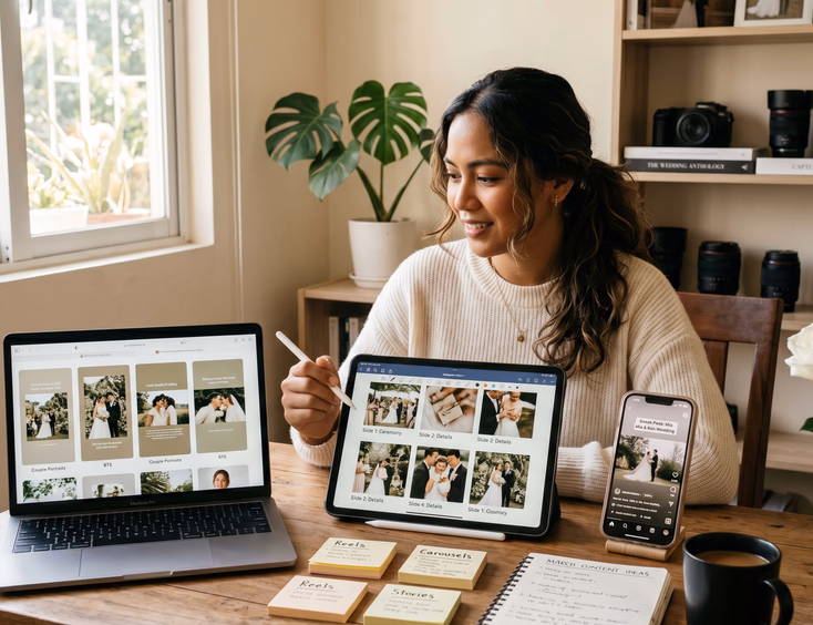 Filipino wedding photographer planning social media content across a laptop, tablet, and smartphone in her Quezon City home studio.