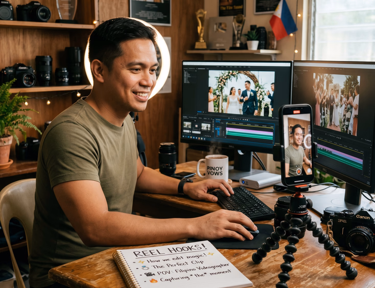Filipino wedding videographer filming a behind-the-scenes video at his Marikina editing desk.