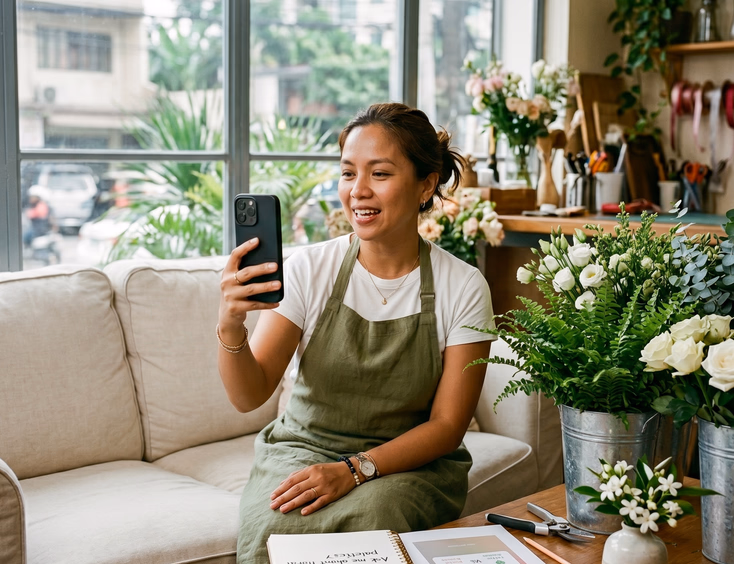 Filipino wedding florist recording social media videos during morning bouquet prep in her Pasig studio.