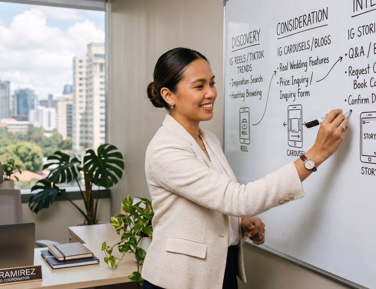 Filipino wedding coordinator mapping out a client booking journey on a whiteboard in her Makati office.