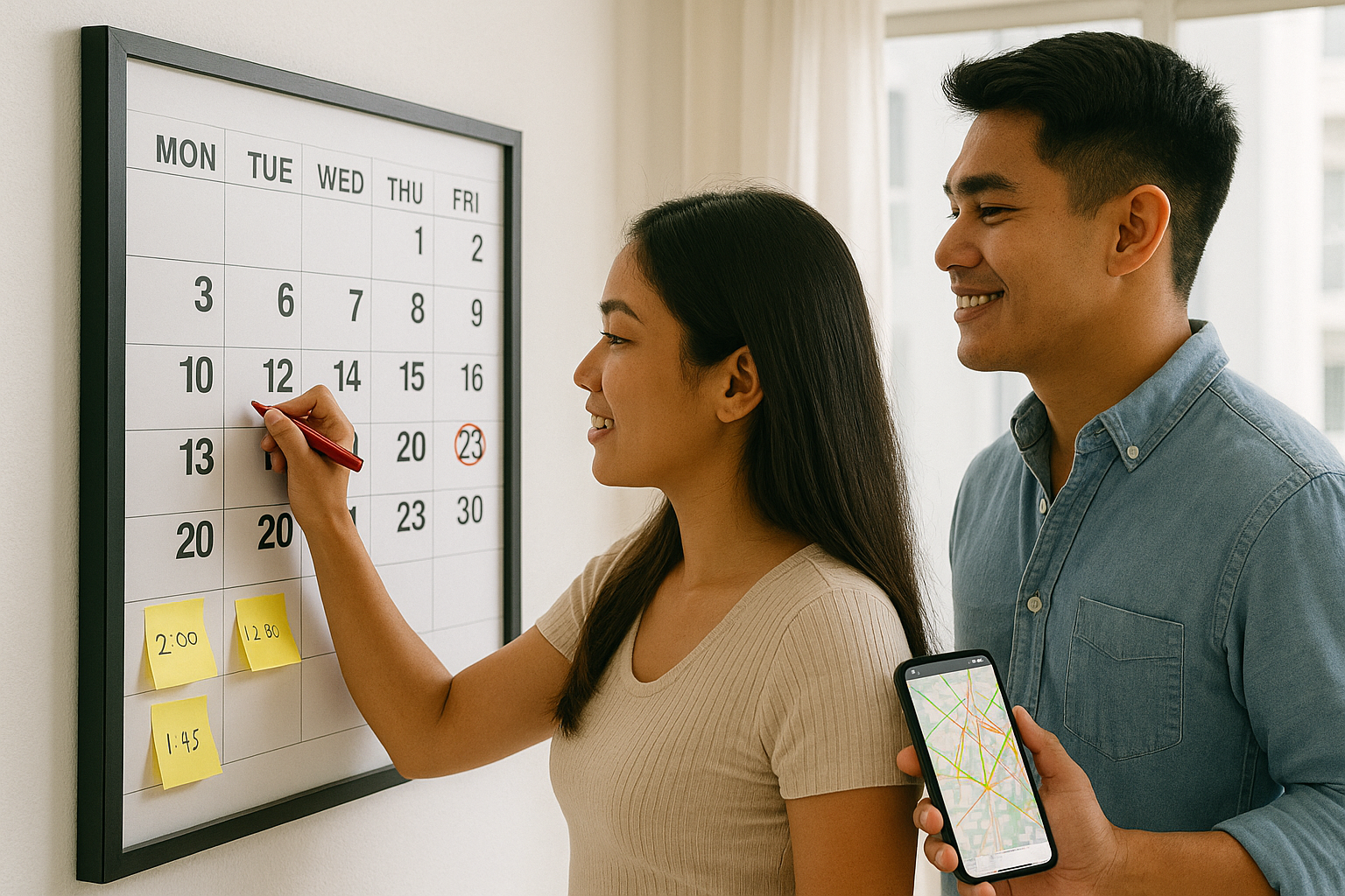Couple planning peak dates and buffers on a wall calendar with a phone app