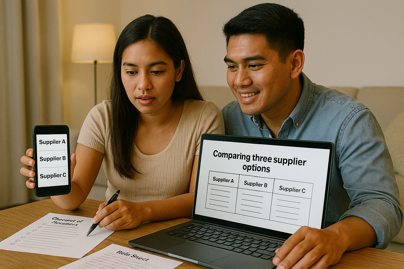 Couple reviewing a shortlist of suppliers with a laptop phone and checklist
