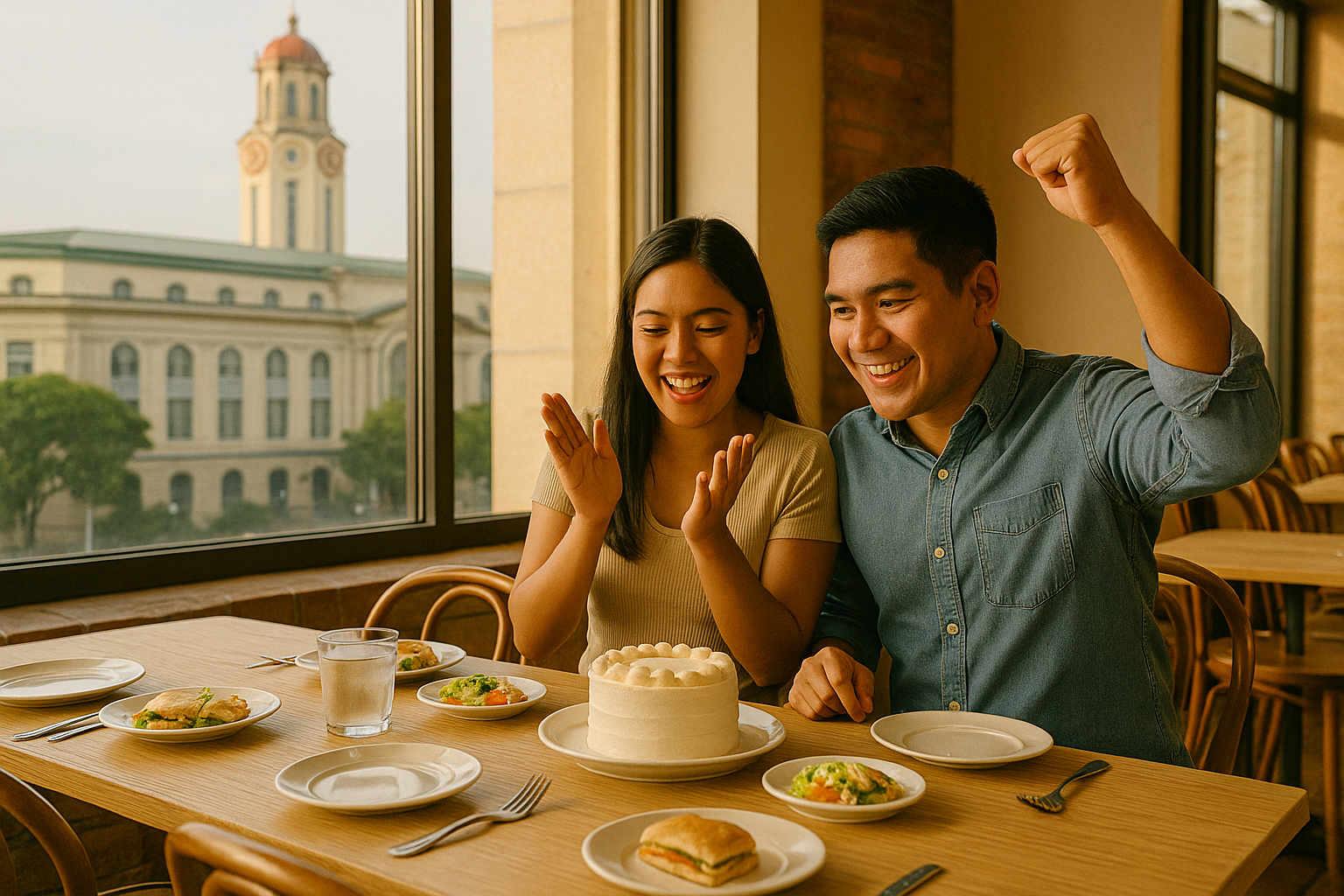 Couple enjoying a micro reception at a cafe near city hall