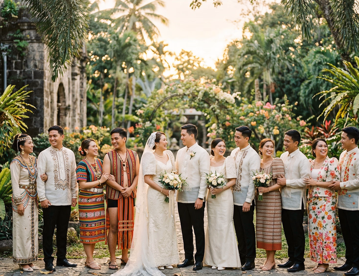 Photorealistic wide shot of a diverse group of Filipino couples in traditional wedding attire from different regions of the Philippines, standing together in a lush outdoor setting with tropical greenery and soft golden hour light, warm and celebratory atmosphere, 13:10 aspect ratio