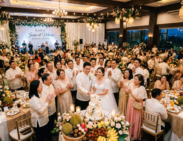 Filipino bride and groom cutting a tiered wedding cake at a reception in Davao City with tropical fruit arrangements on the tables