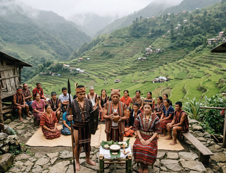 Ifugao couple in traditional woven attire standing before a mumbaki ritual priest with ancient rice terraces in the misty background in Banaue, Philippines