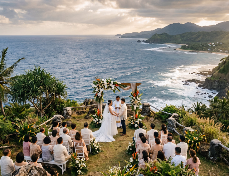 Filipino bride and groom exchanging vows on a clifftop overlooking the Pacific Ocean during a coastal wedding in Catanduanes island