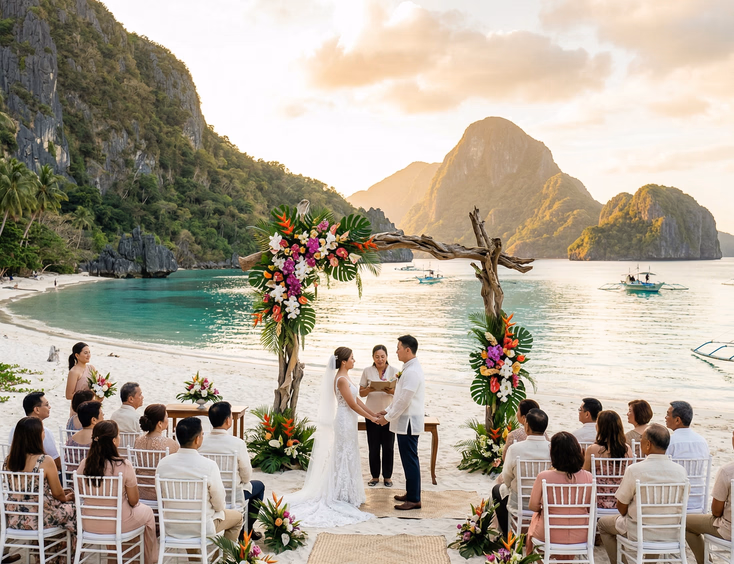 Filipino bride and groom standing under a driftwood arch on a white sand beach with limestone karst cliffs rising from turquoise water in El Nido, Palawan