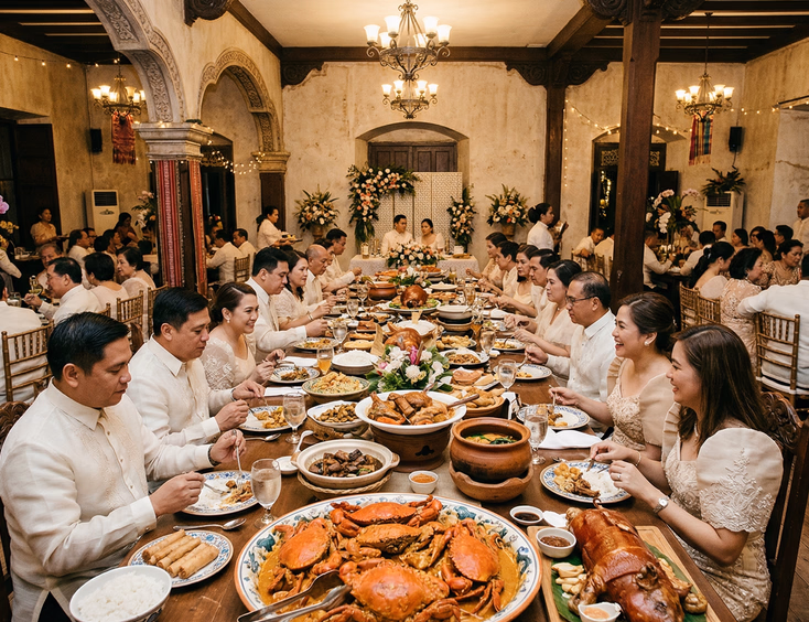 Filipino wedding reception in Zamboanga City with curacha crabs in alavar sauce on the banquet table and Spanish colonial interior details in the background