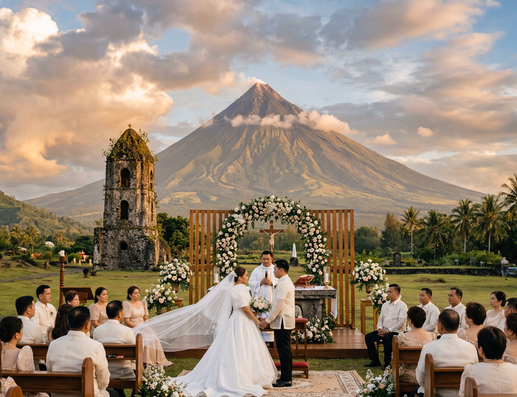 Filipino bride and groom exchanging vows at an outdoor altar with Mayon Volcano visible in the background in Albay, Philippines