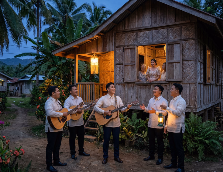 Filipino groom and friends performing a traditional harana serenade with guitars outside a wooden house in rural Cebu at dusk