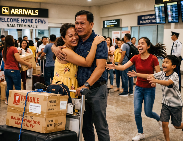 Filipino family embracing at airport arrival with balikbayan boxes.