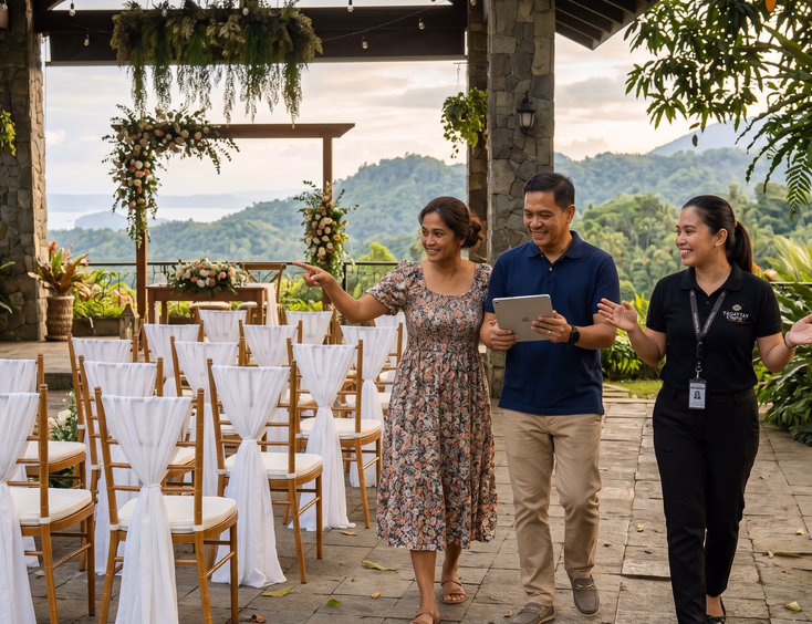Filipino couple planning with a wedding coordinator at a Tagaytay garden venue.