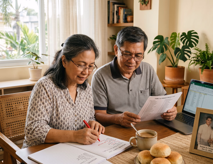 Mature Filipino couple reviewing an event guest list at a home dining table.