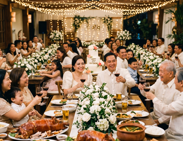 Large Filipino family celebrating a vow renewal reception with a feast.