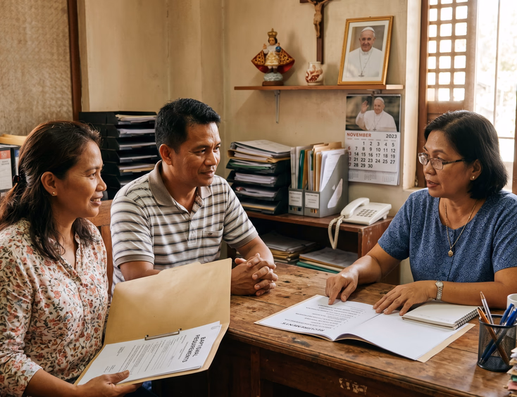 Filipino couple in their 40s discussing requirements with a parish secretary inside a Catholic church office.