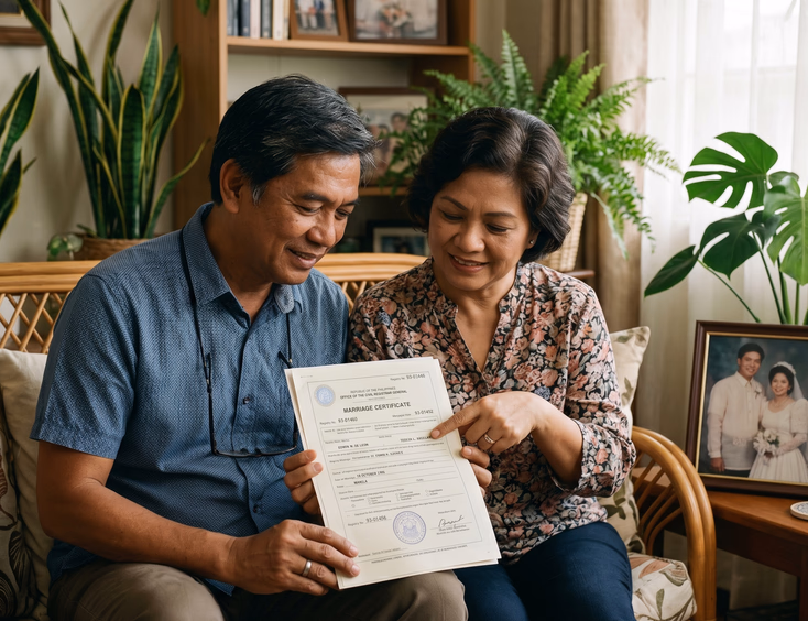 Mature Filipino couple reviewing their PSA marriage certificate together on a living room sofa.