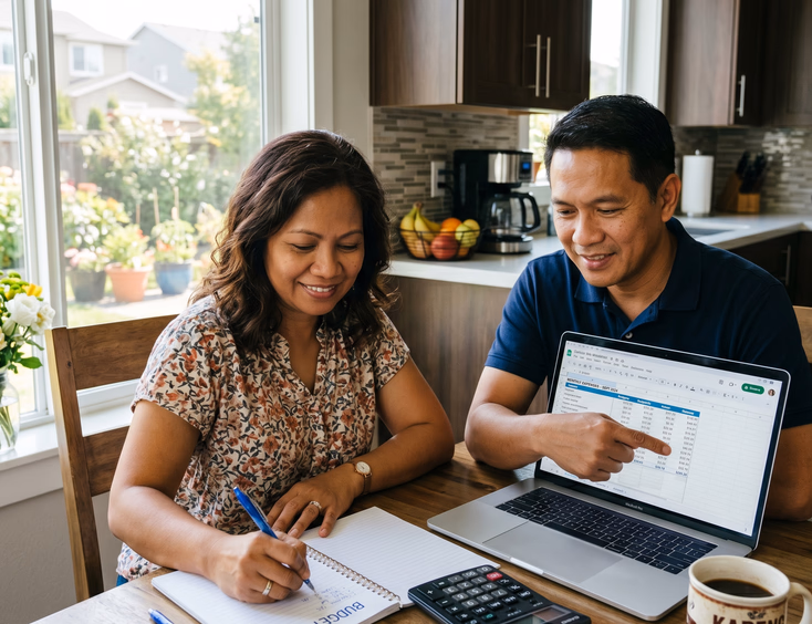 Filipino couple in their 40s planning a budget on a laptop at a home dining table.