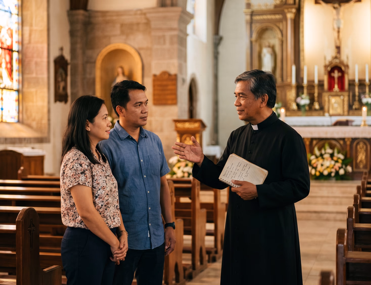 Catholic Filipino priest speaking with a couple in their 40s inside a softly lit church.