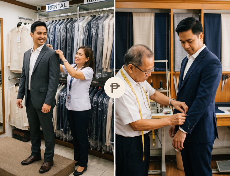 Split-scene comparison of a Filipino groomsman trying on a rental suit at a Manila shop and another being fitted for a bespoke navy suit at a tailor's fitting station