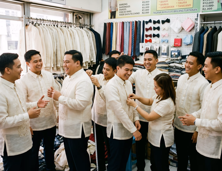 Eight Filipino groomsmen of varied body types being fitted for matching cream jusi barongs by shop attendants at a busy Manila rental shop