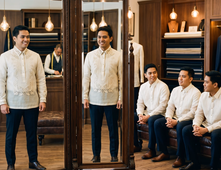 Filipino groom in a finely embroidered piña barong standing before a full-length mirror at a bespoke Makati tailor while three groomsmen in rental jusi barongs wait on a leather bench