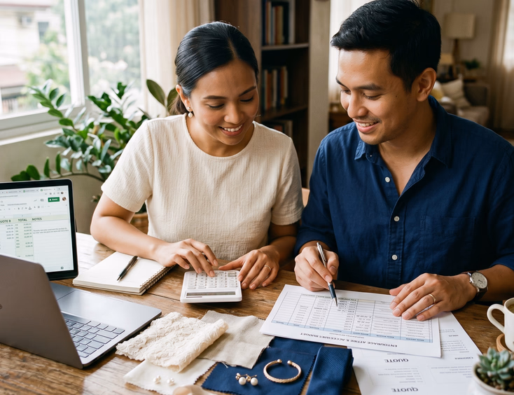 Filipino couple reviewing rental and tailor quotes on a printed spreadsheet surrounded by fabric swatches and wedding budget planning materials at a dining table