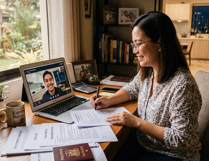 Filipino couple video calling on a laptop at a home desk in the Philippines, with printed paperwork and a passport on the desk and the other partner visible on screen in an overseas apartment setting