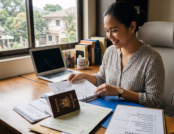 Filipino woman organizing a stack of documents including a passport, birth certificate, and printed forms at a home office desk in the Philippines with a checklist under natural window light
