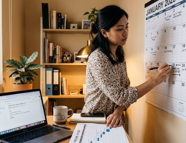 Filipino woman marking dates on a large wall calendar while referencing a printed document timeline beside an open laptop showing an email in a warm home office setting