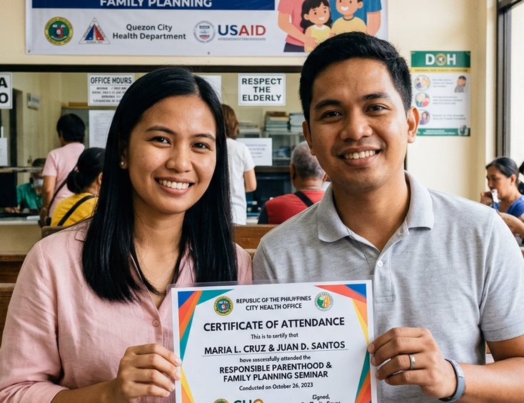 Filipino couple holding a Responsible Parenthood Seminar Certificate of Attendance inside a Philippine City Health Office.