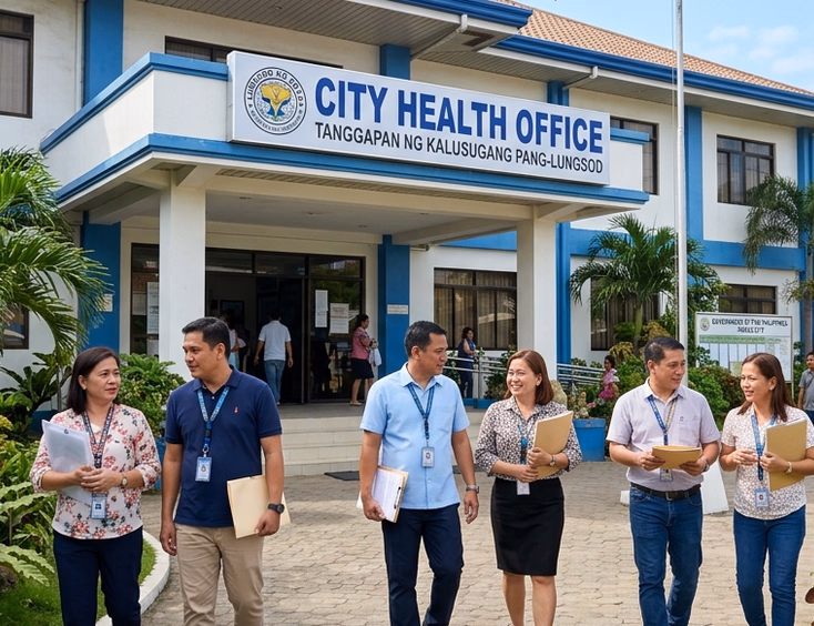 Filipino couples arriving at a Philippine City Health Office building for a pre-marriage seminar requirement.