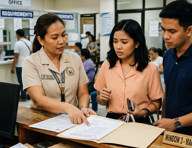 Filipino couple at a Local Civil Registrar counter being informed of a missing document by an LCR clerk.