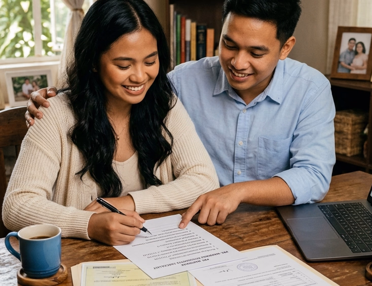 Filipino couple reviewing a pre-marriage requirements checklist with PSA documents and certificates at home.