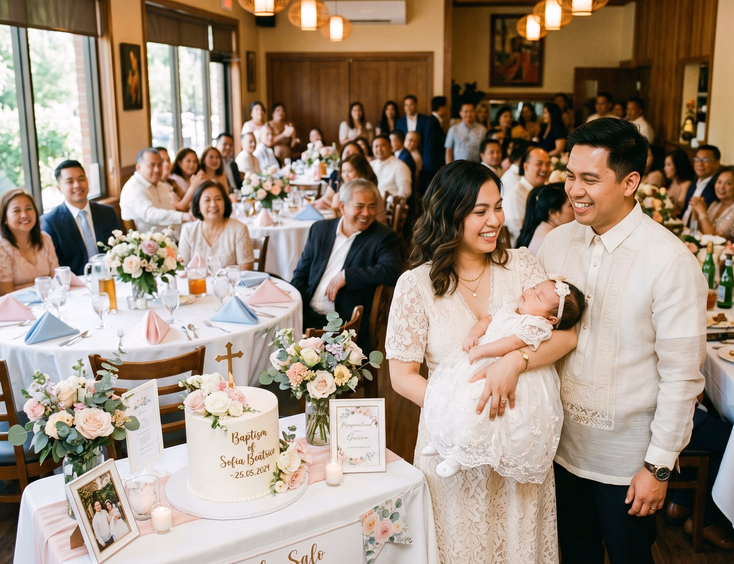 Filipino baptism reception in a restaurant private dining room. A mother holds her baby in a white gown next to the father in a barong.