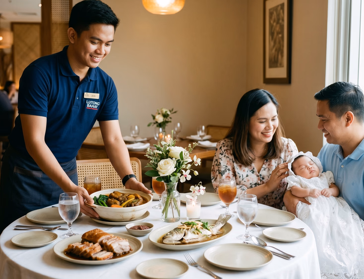 A Filipino restaurant server serving plates of lechon and kare-kare at a baptism reception table with parents holding their baby.