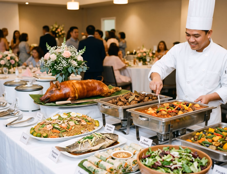 Filipino baptism reception buffet featuring a wide spread of traditional dishes like lechon, chicken adobo, pancit, and pinakbet.
