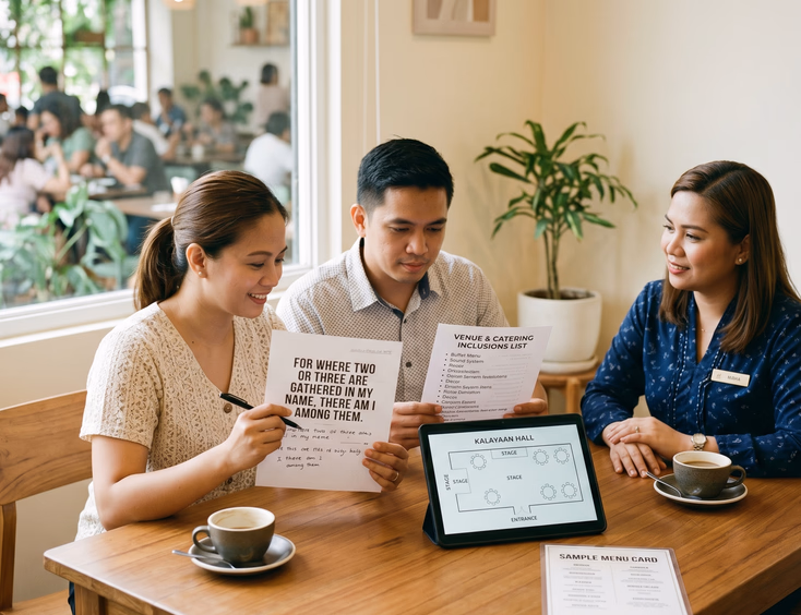 A young Filipino couple planning a baptism event with a restaurant function coordinator, reviewing menus and room layouts.