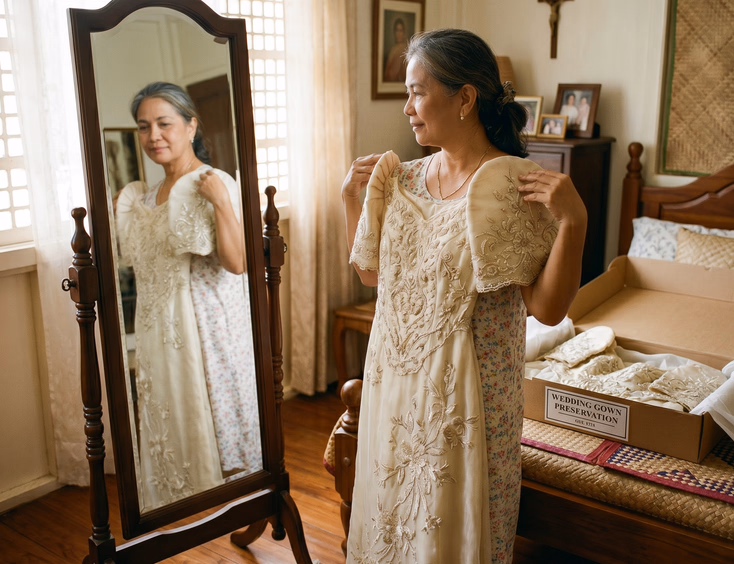 Filipina bride holding her original embroidered ivory traditional terno wedding dress in front of a bedroom mirror.