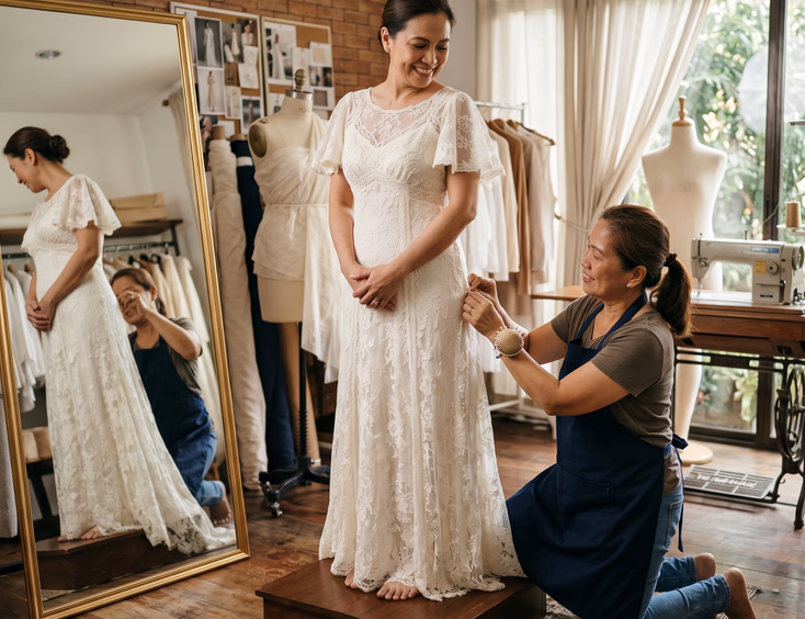 Seamstress altering and pinning a vintage ivory wedding dress for a Filipina bride's vow renewal.