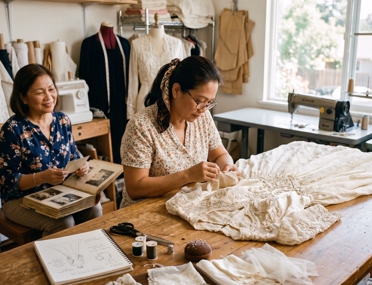 Filipina seamstress restoring a vintage ivory wedding gown on a wooden cutting table in her studio.