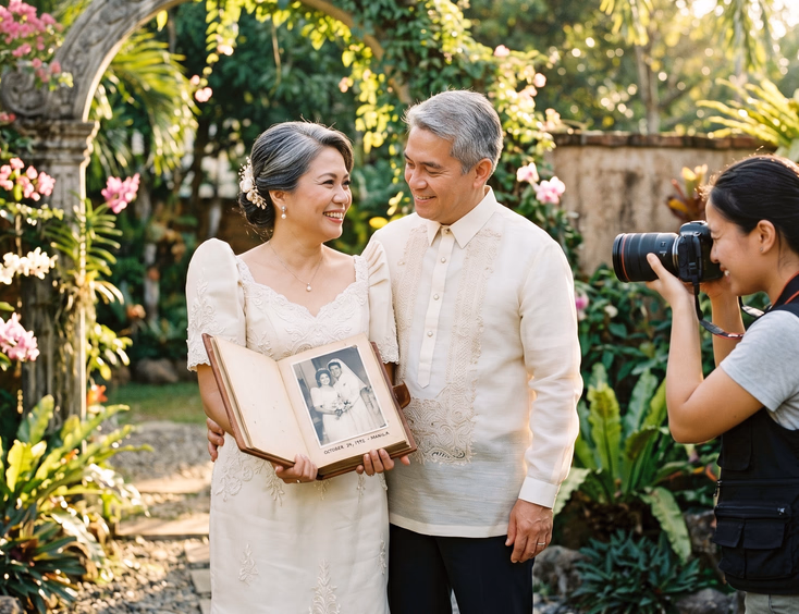 Mature Filipino couple posing in a sunlit garden with an altered wedding terno and their original wedding photo album.